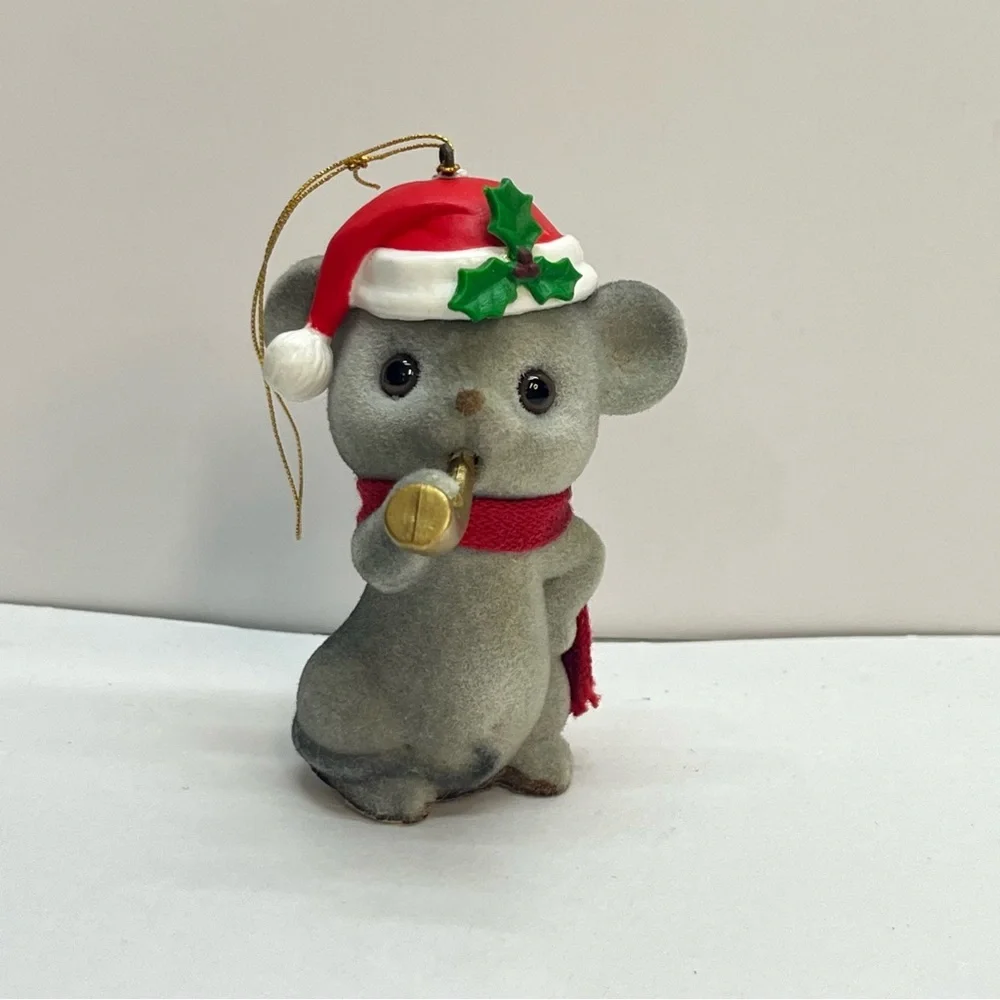 vintage flocked mouse‎ christmas ornament santa hat horn 3 inch